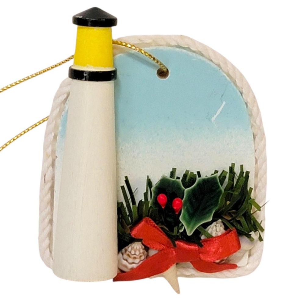 VTG 90s Nautical Lighthouse Christmas Ornament Wood Seashell Coastal Beach House